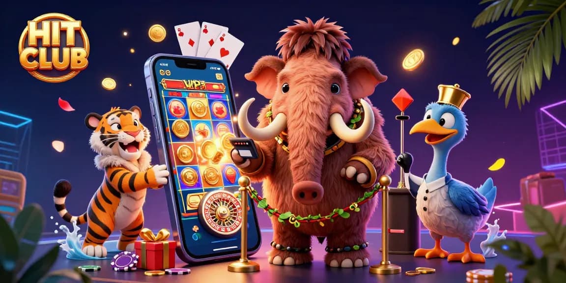 Engaging illustration of HIT CLUB featuring a mammoth bouncer, saber-tooth VIP, and dodo doorman in a vibrant casino scene.