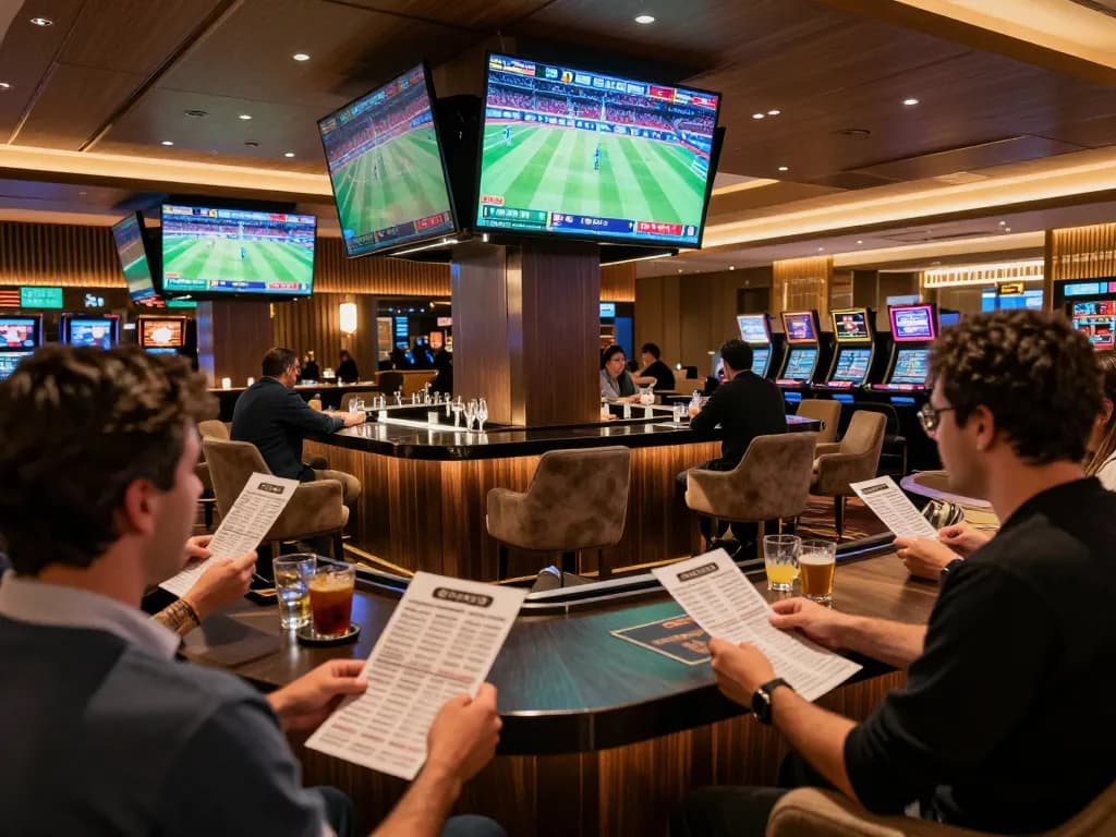 Patrons enthusiastically engaging in sports betting at LLwin center's luxurious lounge