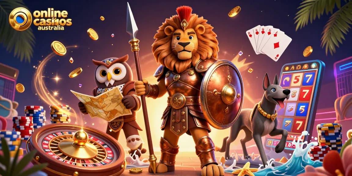 Experience excitement at online casinos australia with thrilling 3D illustration of gaming characters and action.