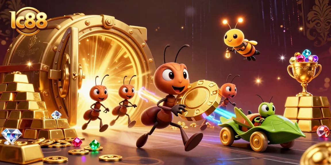 lc88 players strategizing big wins with animated ants on a heist through a golden treasure vault