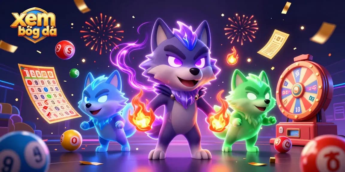 Xem bóng đá with captivating visuals of energetic wolf characters, colorful lottery elements, and festive gaming atmosphere