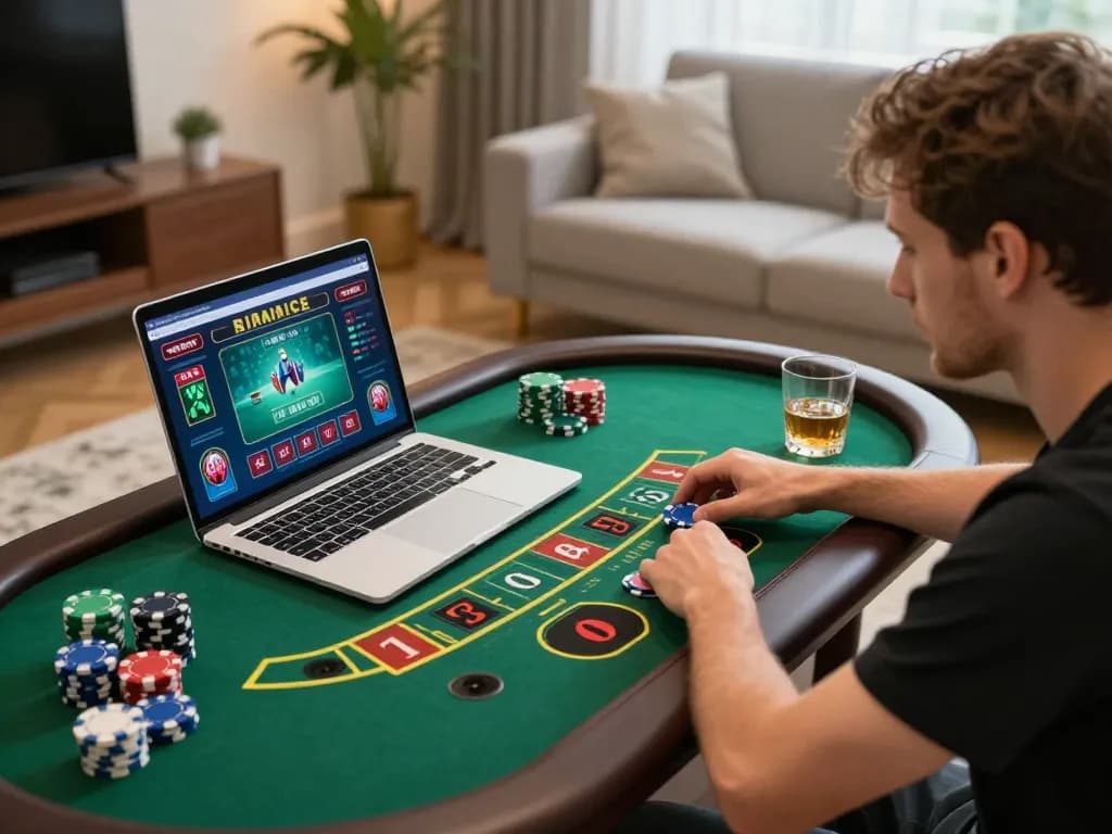 Player enjoying blackjack on vn88a laptop in stylish home setup, showcasing strategic online gambling experience.