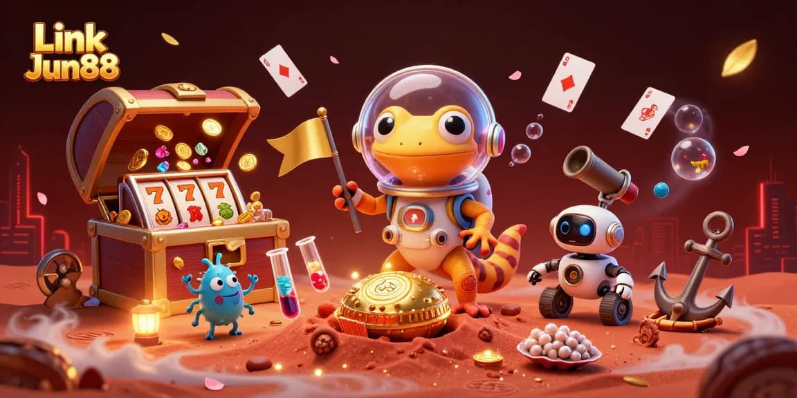 Play and win at Link Jun88 with vibrant 3D illustrations showcasing a Martian casino adventure.