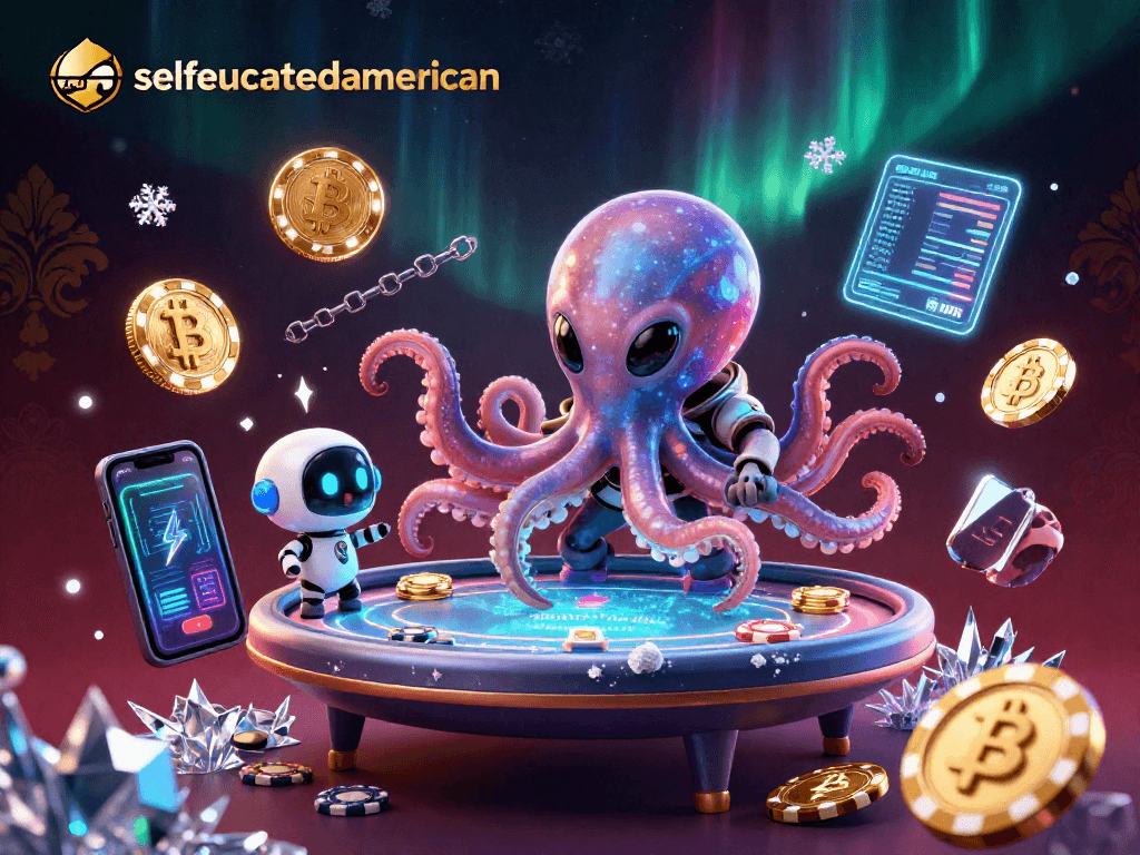selfeducatedamerican bets on an alien poker table with vibrant crypto elements in a dynamic space scene