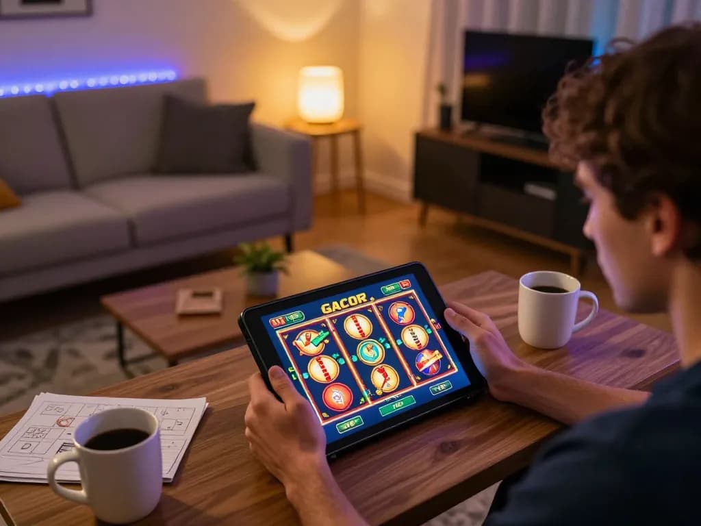 Engaging in a thrilling slot gacor game on a tablet in a cozy home setting