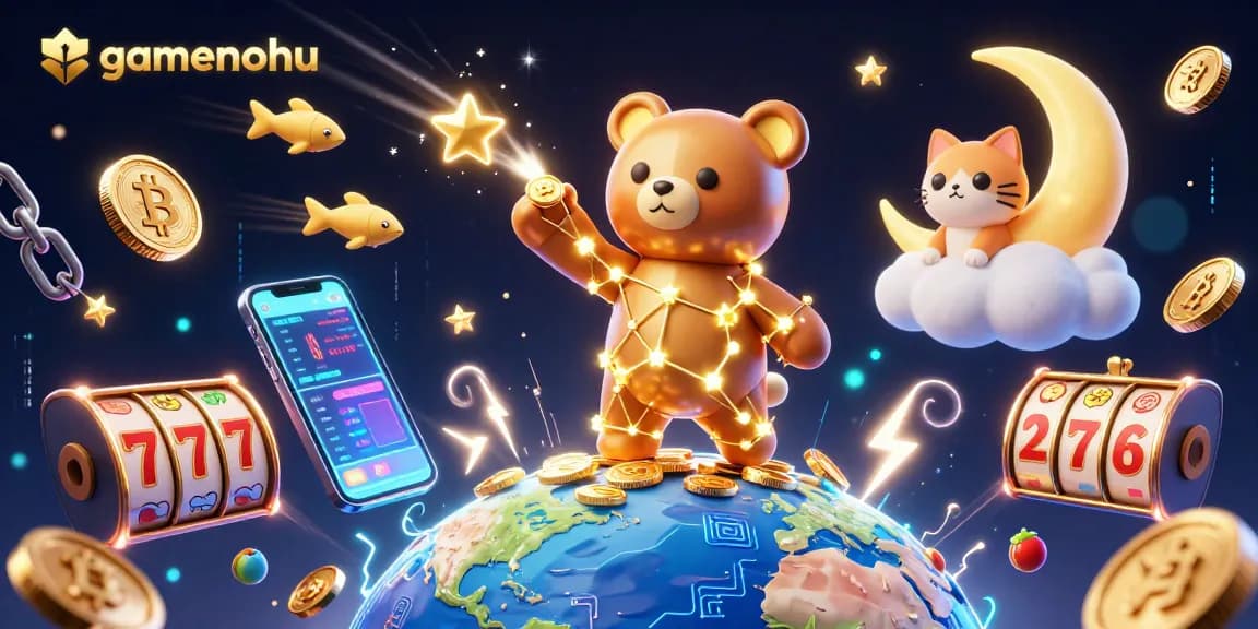 Spin slots with gamenohu's constellation bear amidst glowing crypto coins and vibrant casino elements.