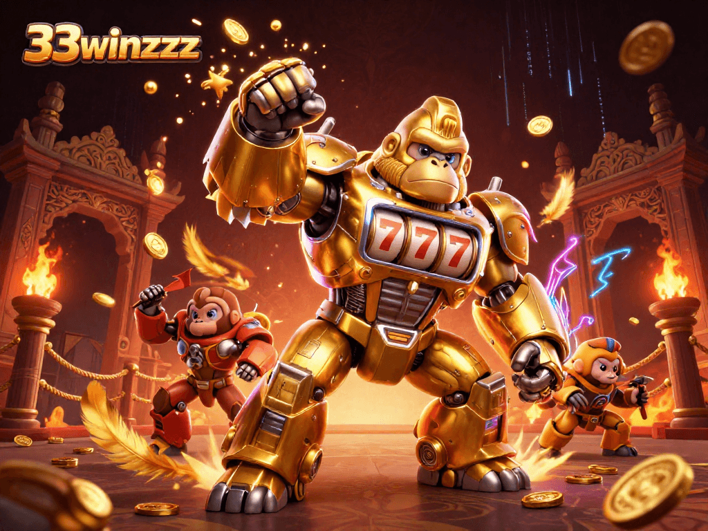 Experience the thrill of 33winzzzz with a vibrant mech and casino elements in this exciting illustration.