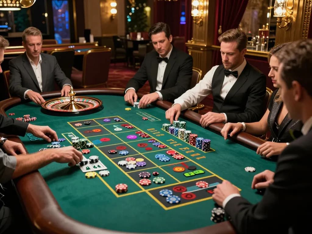 TG88 players engaging in a high-stakes roulette game with vibrant chips and dynamic wheel action.