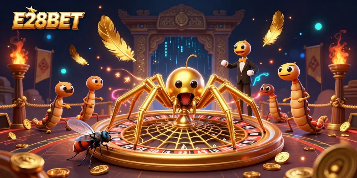 E28BET's immersive gaming scene showcases a golden spider, roulette wheel, and thrilling betting dynamics.
