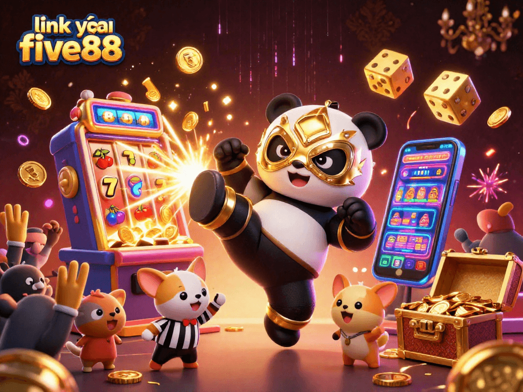 Experience thrilling gaming action with link vào five88, featuring a dynamic scene of a panda wrestler and vibrant casino elements.