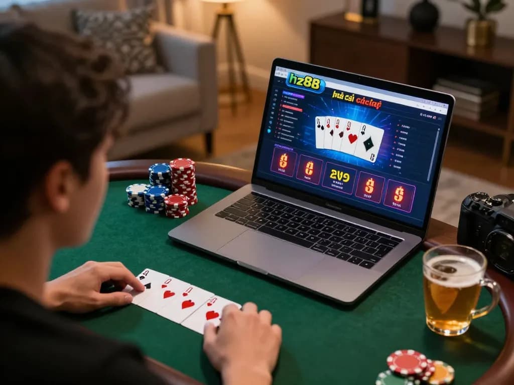 Player engaging in online gambling at nhà cái hz88, showcasing poker interface and casino chip stacks