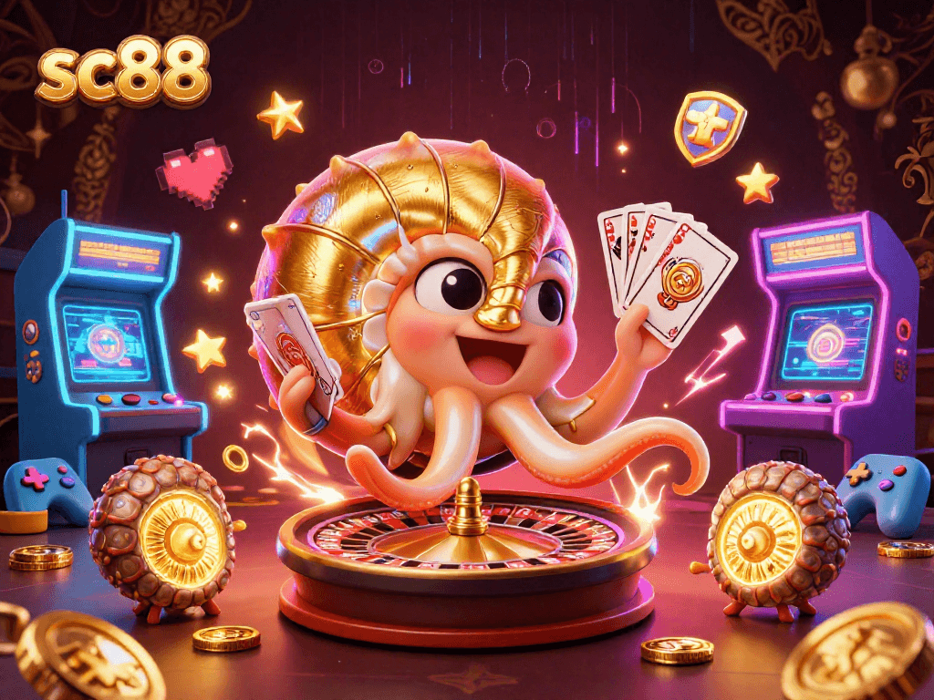 Engage in exciting games at sc88 with a 3D animated nautilus roulette wheel and vibrant casino elements.