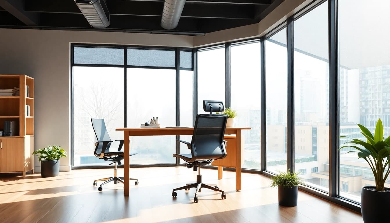 Büromöbel in einem modernen Büro mit ergonomischem Design und natürlichem Licht.