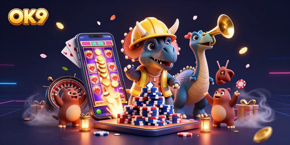 Experience the excitement of OK9 with a dynamic casino scene featuring fun characters and vibrant gaming elements.