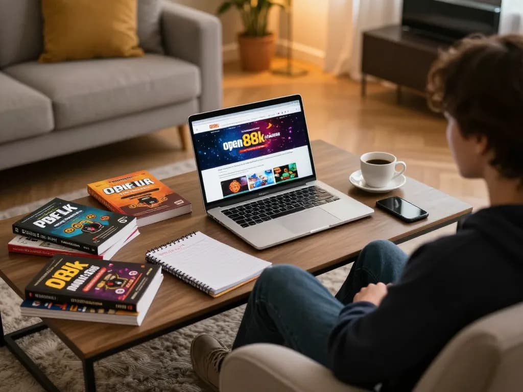 Engaging in online gambling at home with open88k on the laptop during a cozy gaming session.