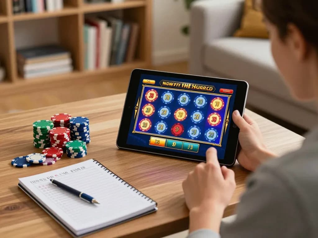 situs slot thailand player engaged in an online slot game on a tablet in a cozy home environment