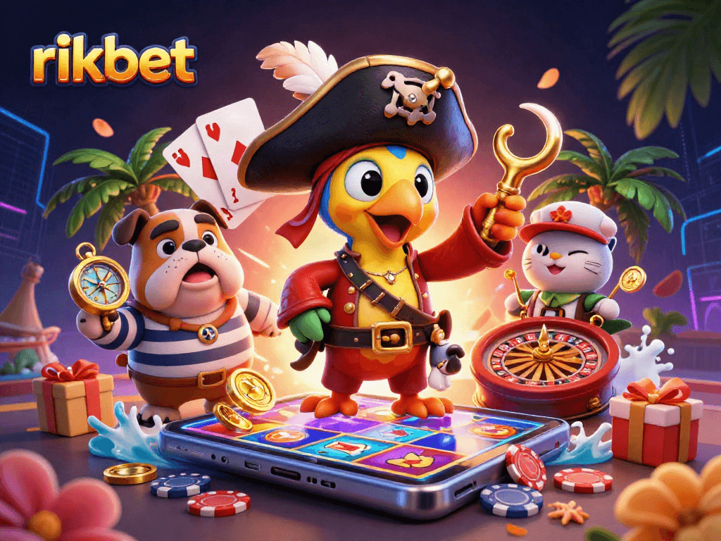 Experience exciting gameplay at rikbet with the pirate captain, bulldog, and cat navigating a colorful casino adventure.