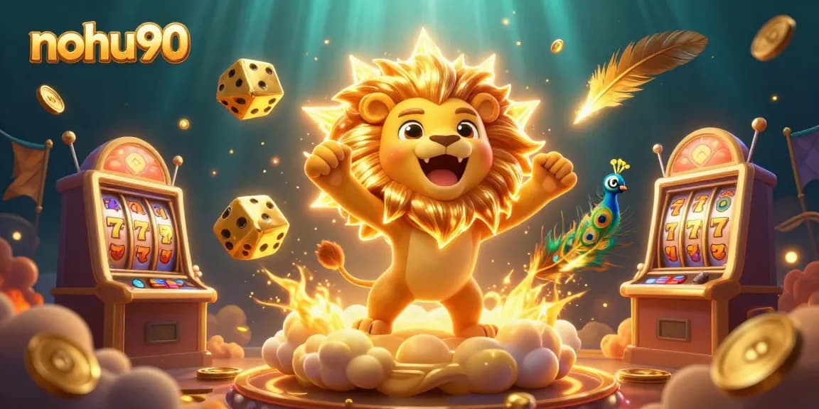 Engage in the vibrant world of nohu90 with a vibrant gaming scene featuring spinning slot reels and golden accents.