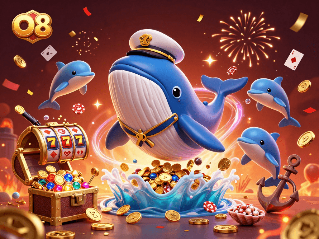 O8 features a vibrant casino scene with a whale, narwhal, and dolphins amidst exciting gambling elements.