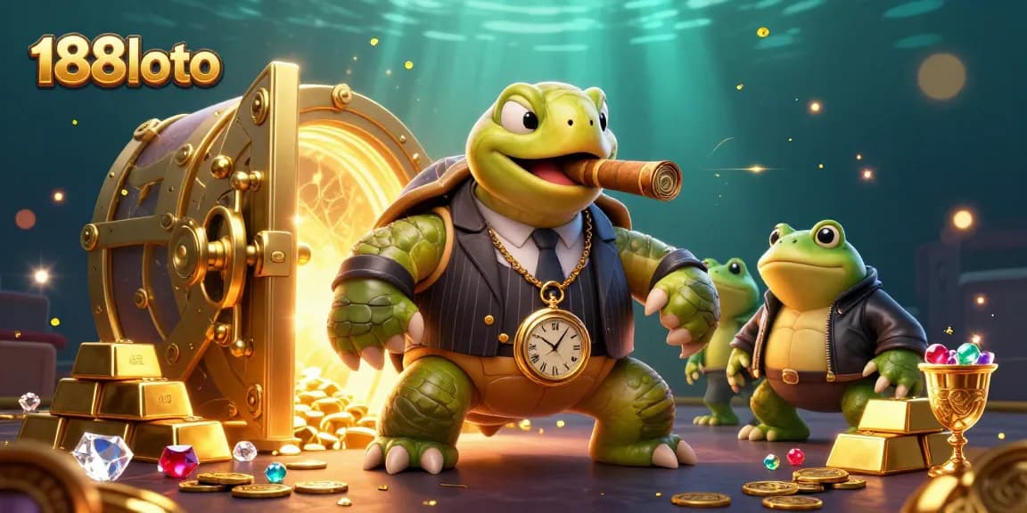 Engage with 188loto and win as a 3D cartoon turtle and bullfrogs enjoy casino riches.