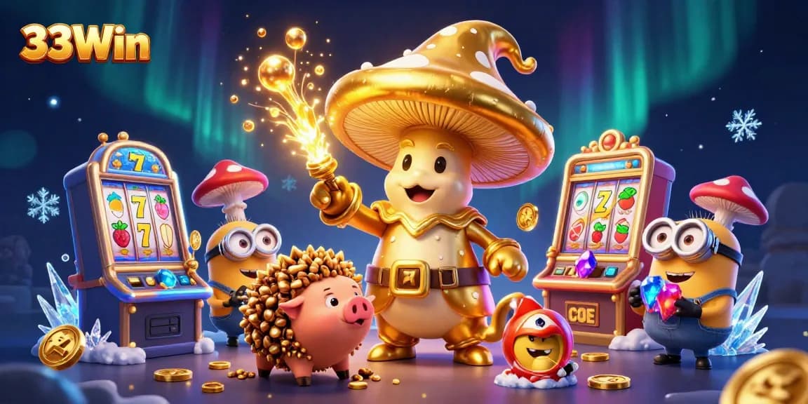 Experience thrilling gameplay with 33Win's magical golden mushroom wizard in an exciting casino scene.