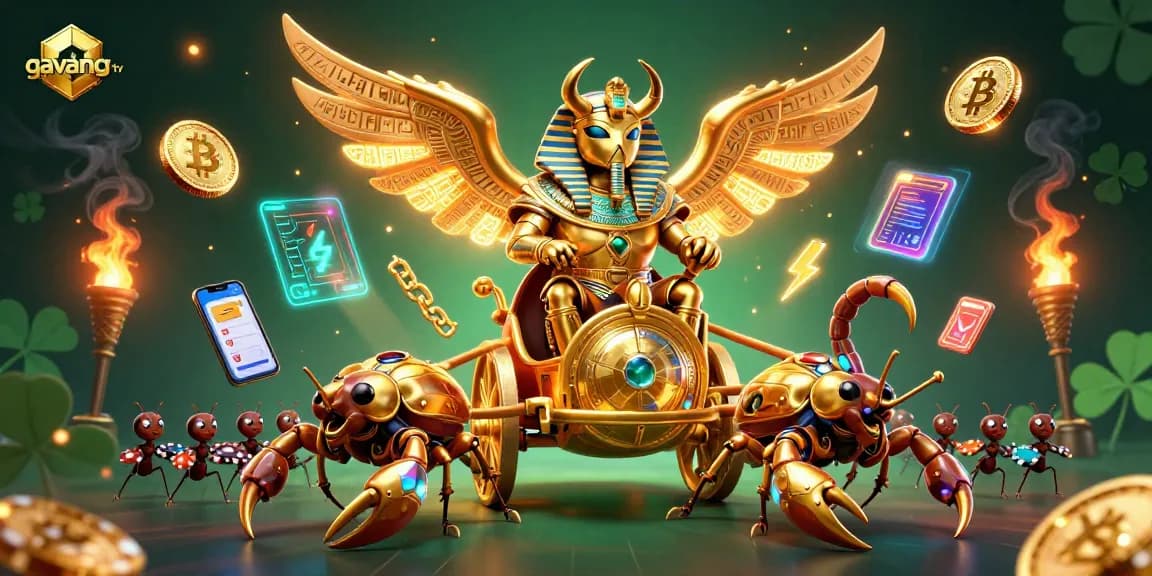 Experience fast-paced gaming with gavang tv, featuring a 3D golden scarab and crypto elements.