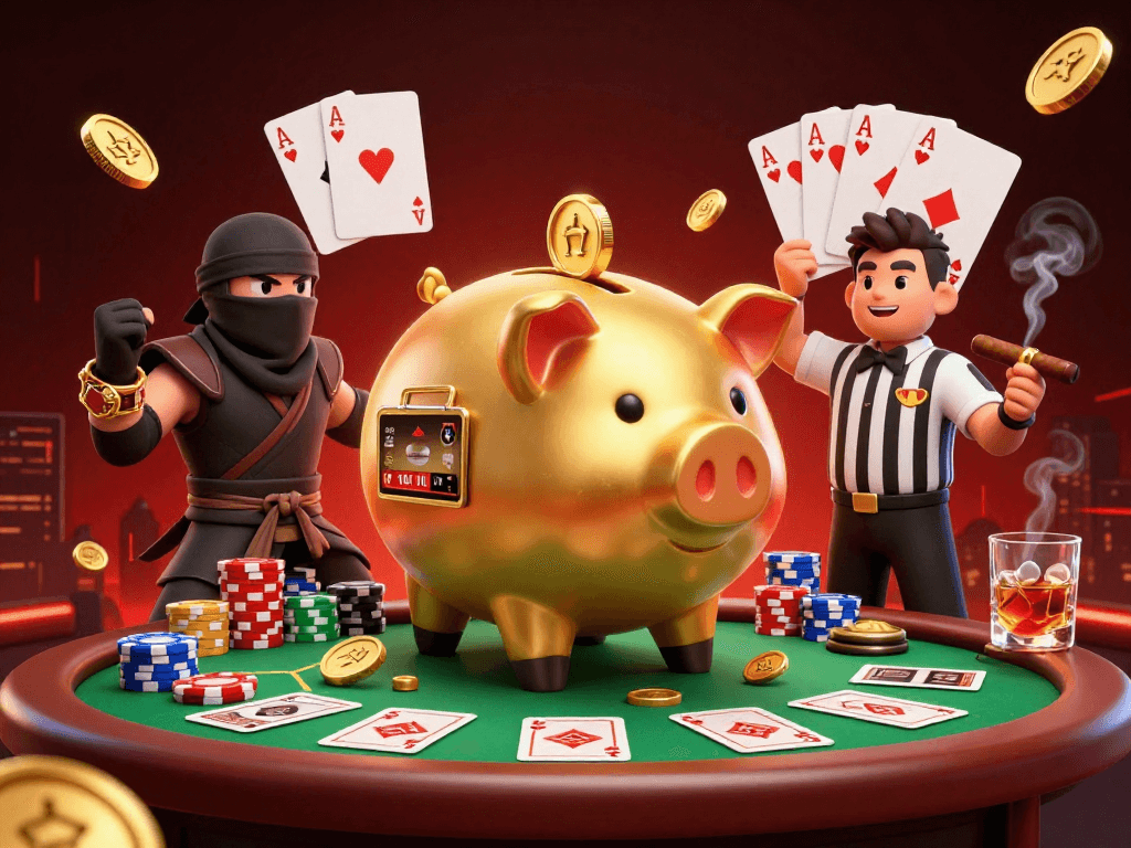 Win big at b52 club with a thrilling gaming scene featuring golden piggy bank and poker excitement.