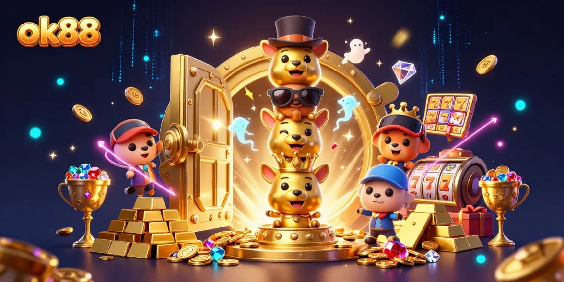 Spin the reels at ok88 with a vibrant 3D illustration showcasing a golden totem and treasure vault.