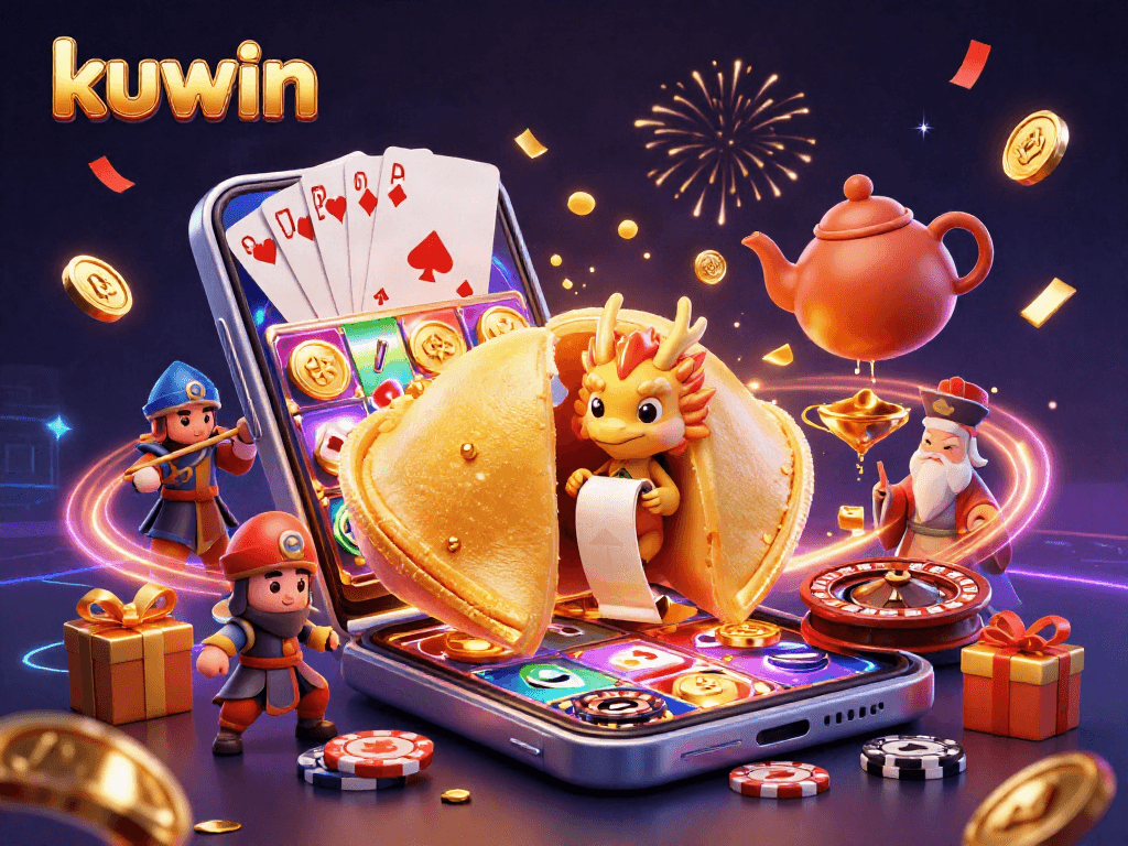 kuwin showcases an exciting golden casino scene with a fortune cookie and dynamic gaming elements