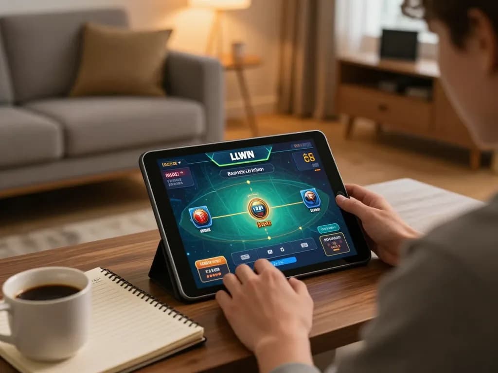 Experience the LLWIN Function while playing online casino games at home with a cozy ambience and a notebook for strategies.
