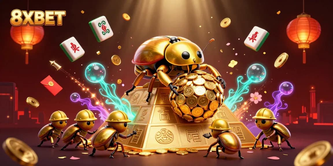Engage in thrilling gambling action at 8XBET with vibrant casino elements and dynamic golden symbols.