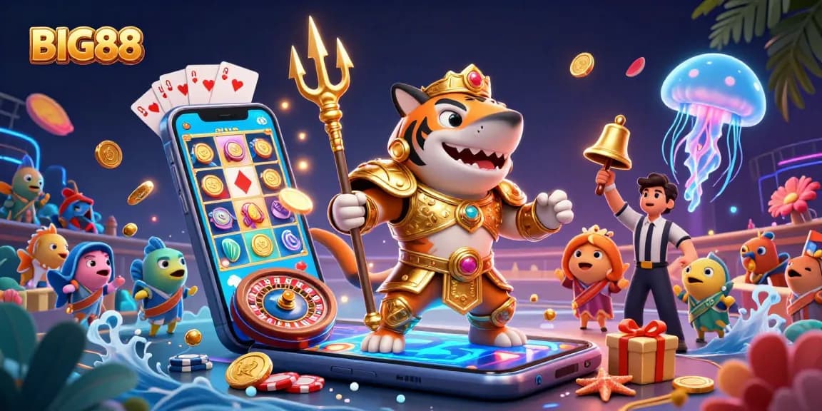 Engaging gameplay at BIG88 with a tiger shark gladiator, vibrant slots, and casino elements.