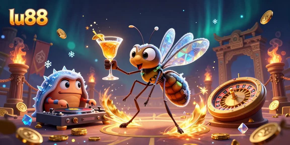 Experience excitement at lu88 with an animated mosquito mascot, vibrant casino elements, and a trilobite DJ.