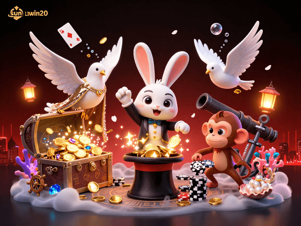 Experience the thrill of sunwin20 with a magician, dove, and monkey in a vibrant casino scene.