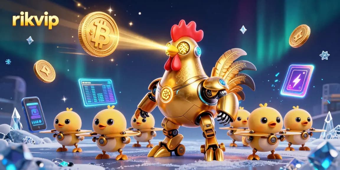 Engage with rikvip's dynamic digital gaming scene featuring a golden rooster robot and crypto elements.