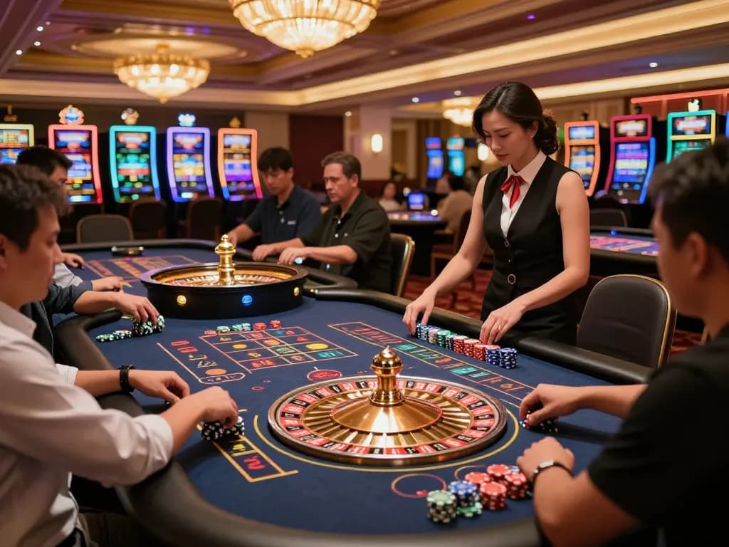 Players enjoy an exhilarating game of roulette on tg88.cash, with vibrant chips and spinning wheel.