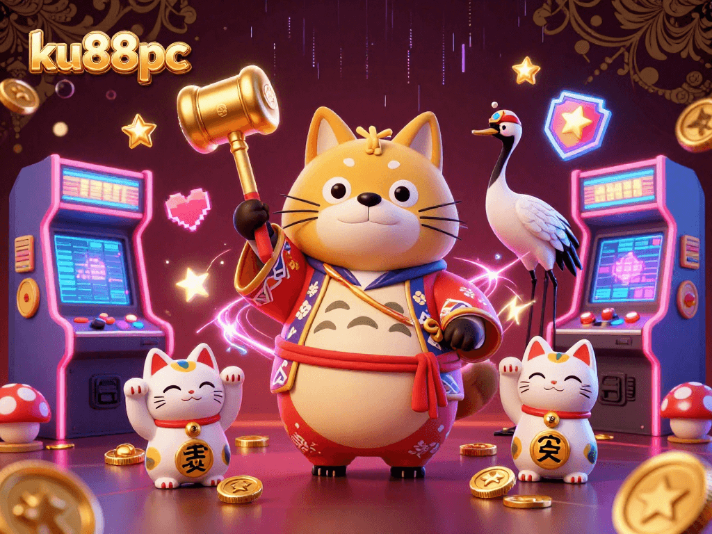 Engage with exciting games at ku88pc featuring a cheerful tanuki with golden mallet and fortune cats.