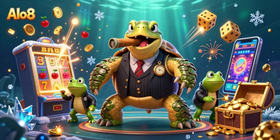 Alo8 showcases an engaging 3D illustration featuring a snapping turtle, symbolizing fun and excitement in the casino world.