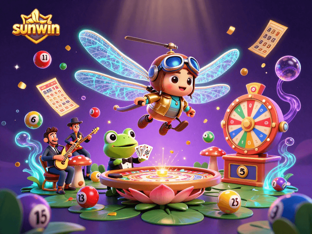 Engage in vibrant action with sunwin's lottery game depicted through a cartoon dragonfly pilot and lively casino scene.