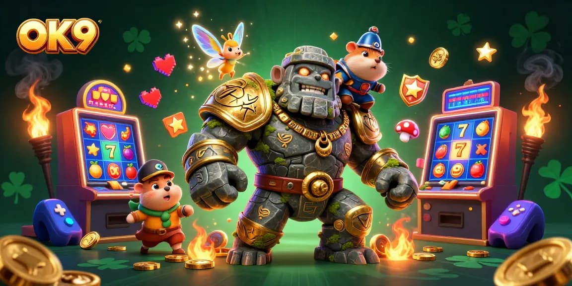 Experience the thrill of OK9 gaming with vibrant slot machines and enchanting characters.