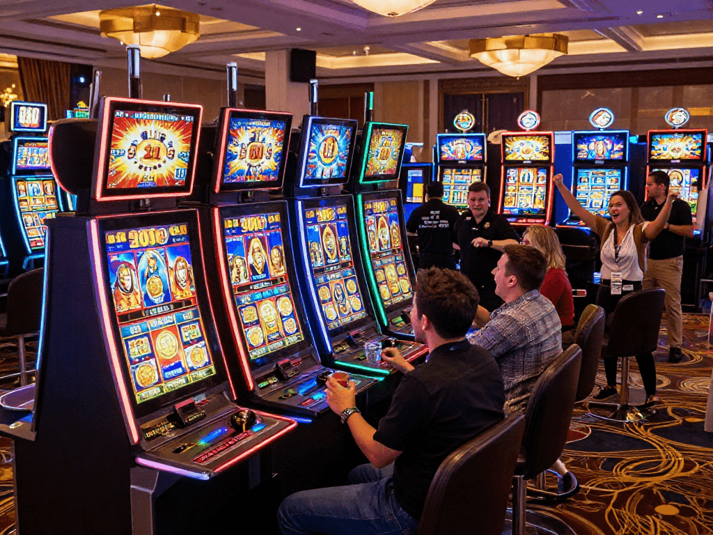 Players celebrating a slot jackpot win in a vibrant casino setting.