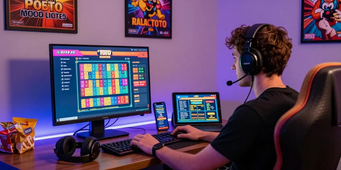 Permainan Toto online, orang bermain dengan perangkat gaming di ruangan yang nyaman.
