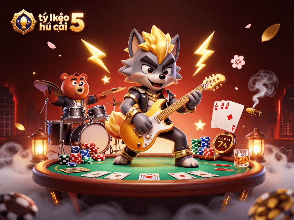 Experience the excitement of tỷ lệ kèo nhà cái 5 with a vibrant casino illustration featuring a rock star wolf and drummer bear.