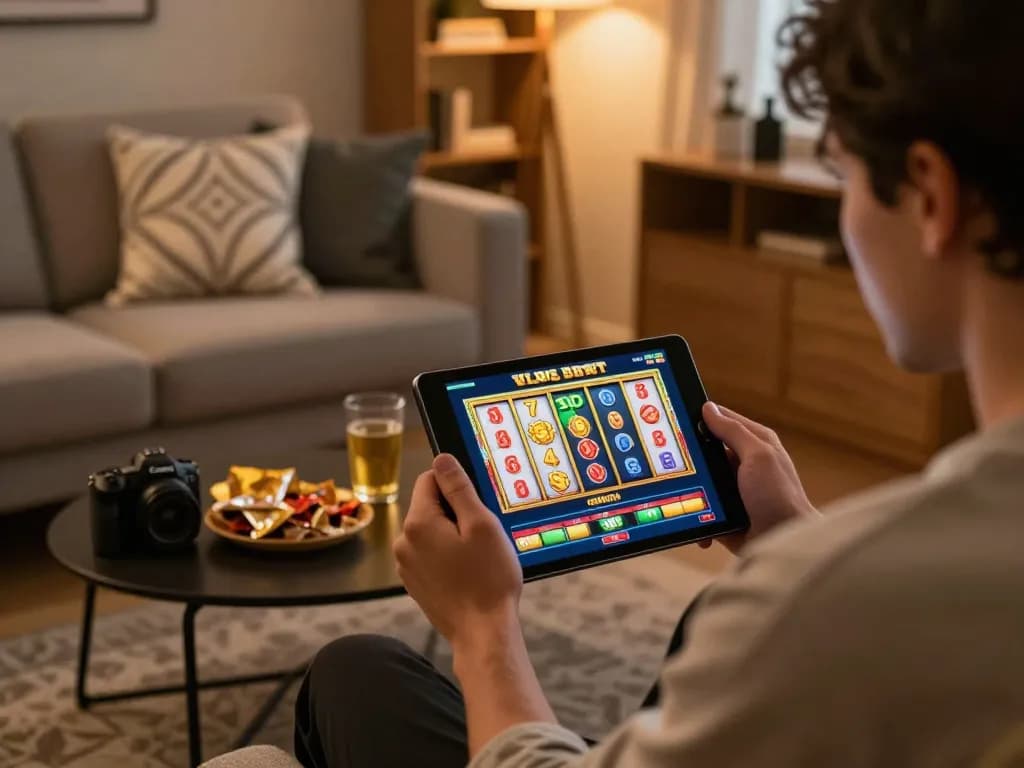 Player spinning slot reels on a tablet in a cozy home, showcasing exciting online gaming.