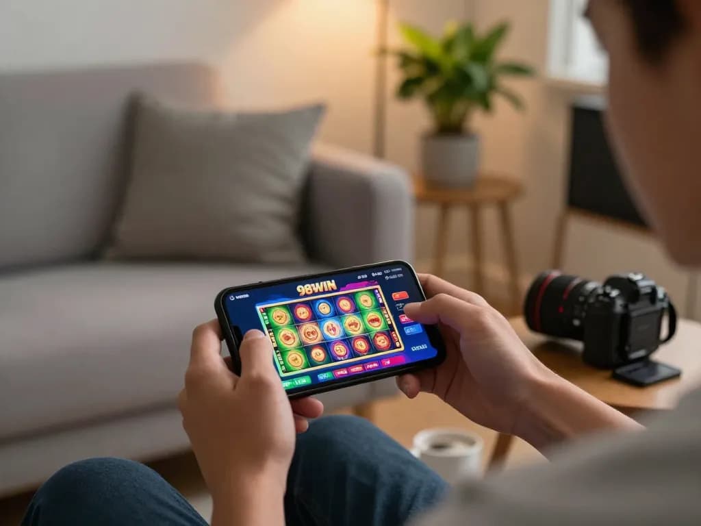 Engaging with the 98WIN casino app at home while enjoying casual gaming vibes.