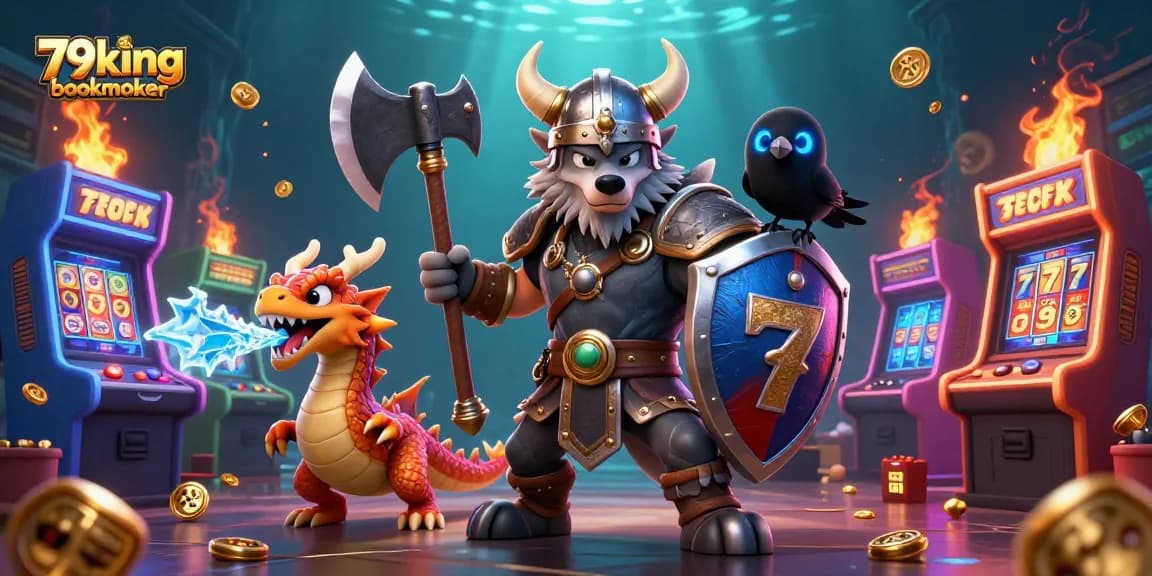 Engage with 79king bookmaker through thrilling slots with a Viking warrior and dragon illustration.