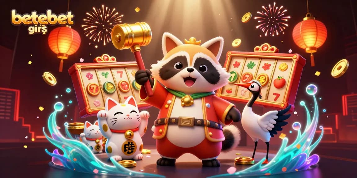 Experience betebet giriş with vibrant casino elements, cheerful tanuki, and festive atmosphere.