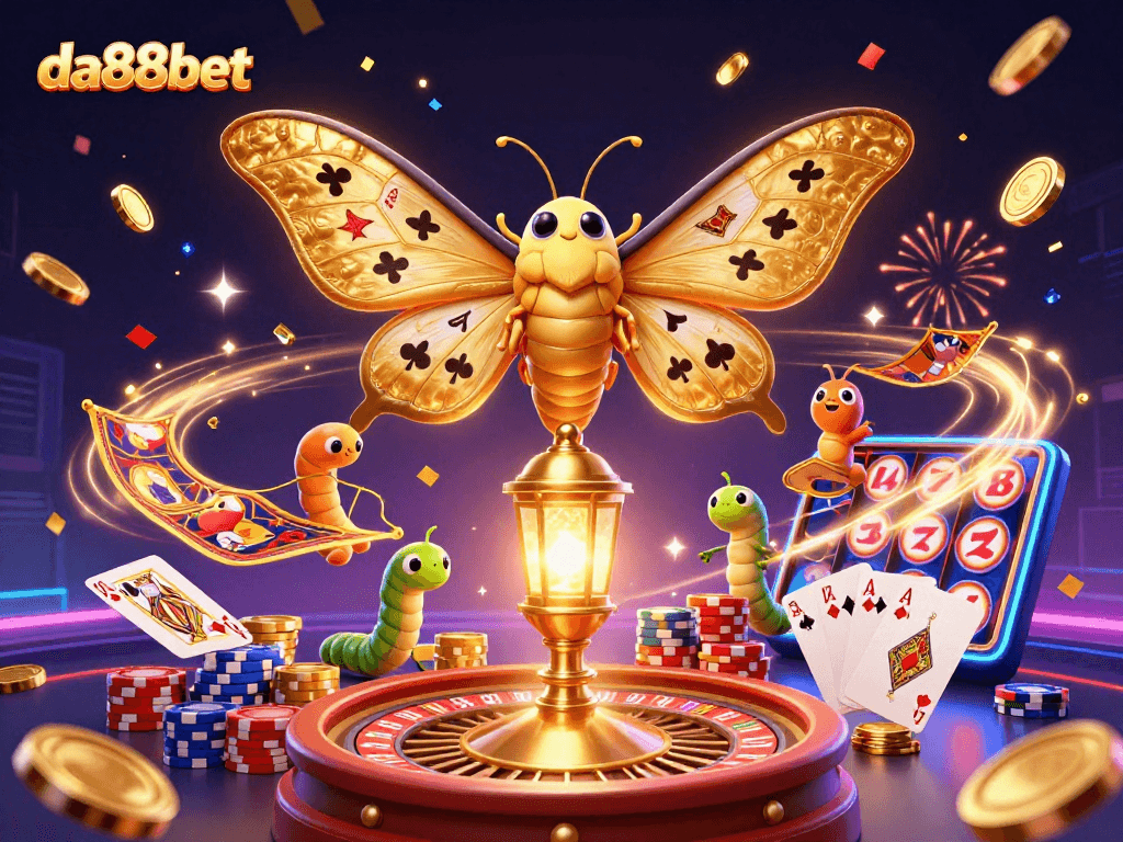 Experience exciting gameplay with da88bet's vibrant casino atmosphere featuring golden moths and sparkling gems.