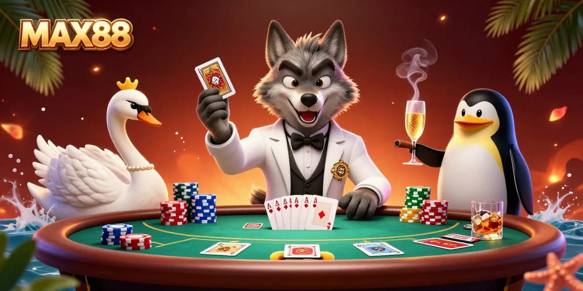 MAX88 brings excitement to the baccarat table as a debonair wolf, elegant swan, and sophisticated penguin celebrate gaming.
