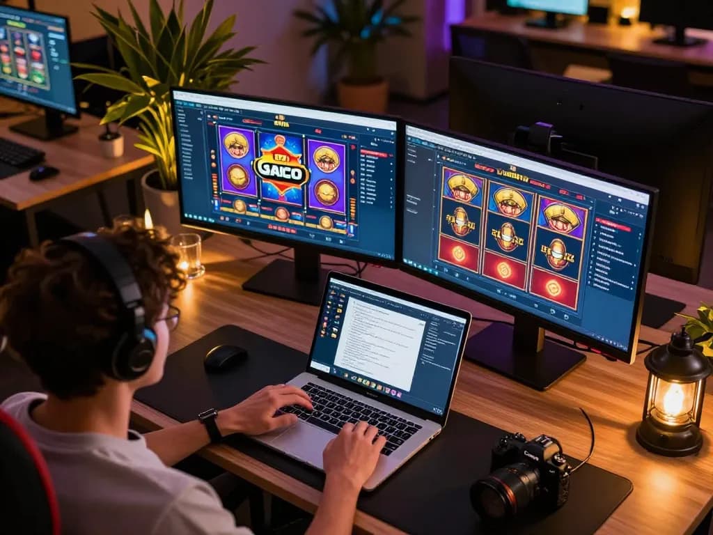 Engaging user plays slot gaco on dual monitors in a cozy online gaming setup.